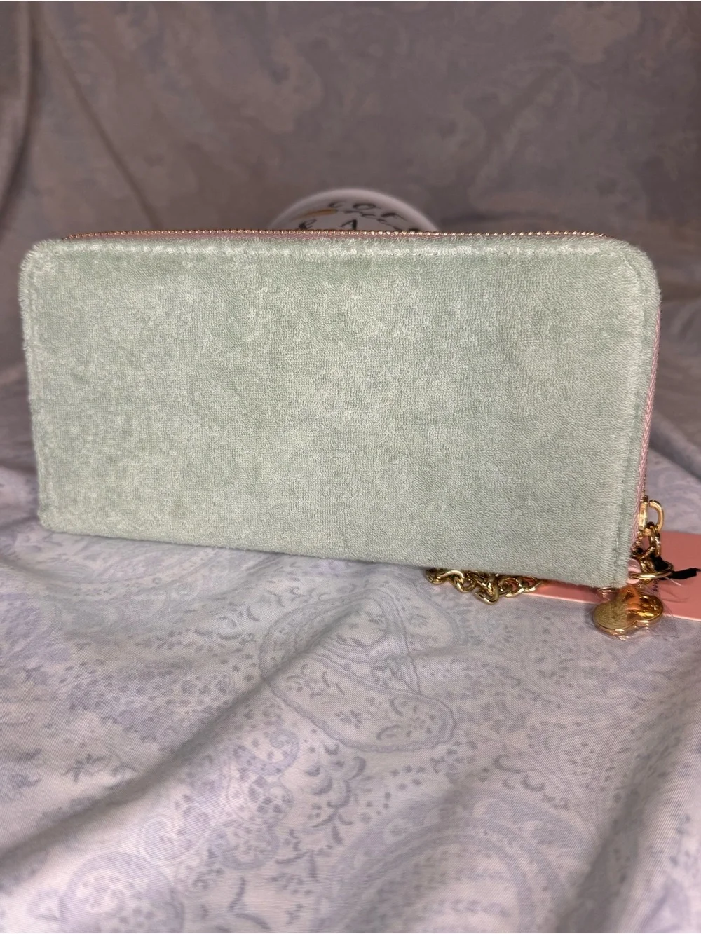 Juicy Couture Soft Terrycloth Mint with Pink Embroidered Logo Wristlet Wallet